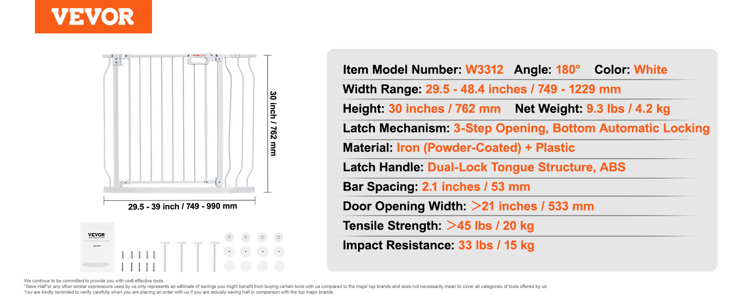 VEVOR baby gate, white, 29.5-48.4 inches width, 30 inches height, 3-step opening latch, iron and plastic.