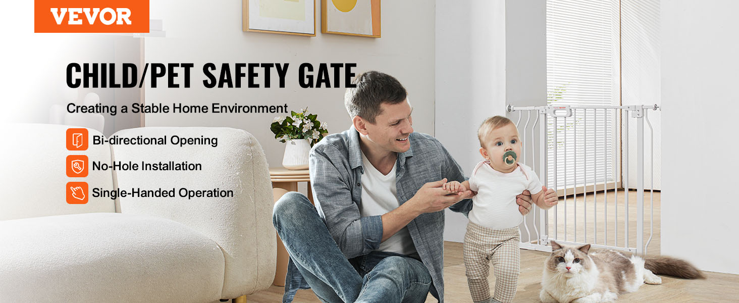 VEVOR baby gate for child and pet safety with no-hole installation, bi-directional opening, single-handed operation.