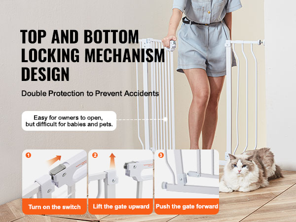 VEVOR baby gate, top and bottom locking mechanism, safety, easy for owners, difficult for babies and pets.