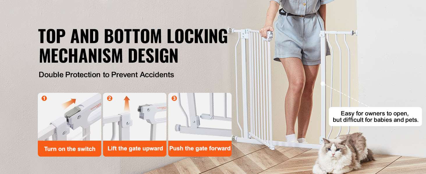 VEVOR baby gate, top and bottom locking mechanism, safety, easy for owners, difficult for babies and pets.