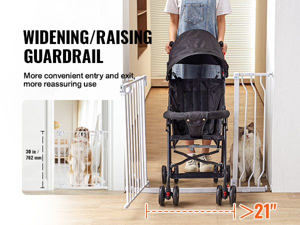 VEVOR baby gate demonstrating wider entry for a stroller and pet, with 30-inch and 21-inch measurements.