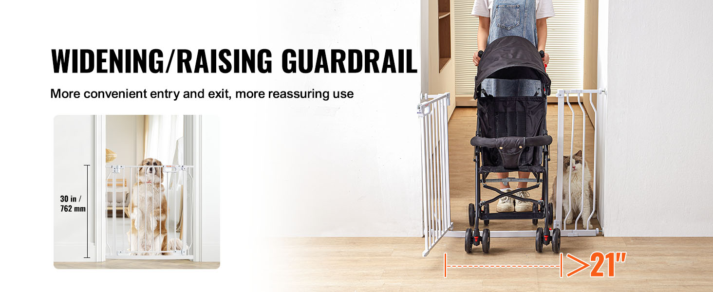 VEVOR baby gate demonstrating wider entry for a stroller and pet, with 30-inch and 21-inch measurements.