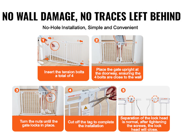 no-hole installation guide for VEVOR baby gate, showing steps: insert bolts, place gate, tighten nuts, cut tag.
