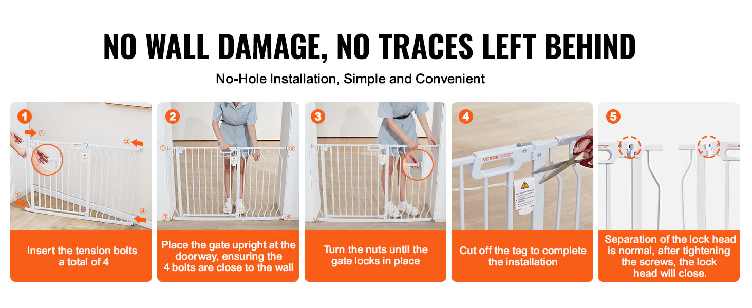no-hole installation guide for VEVOR baby gate, showing steps: insert bolts, place gate, tighten nuts, cut tag.