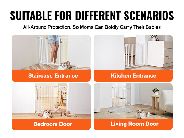 VEVOR baby gate used at staircase, kitchen, bedroom, and living room entrances with pets nearby.