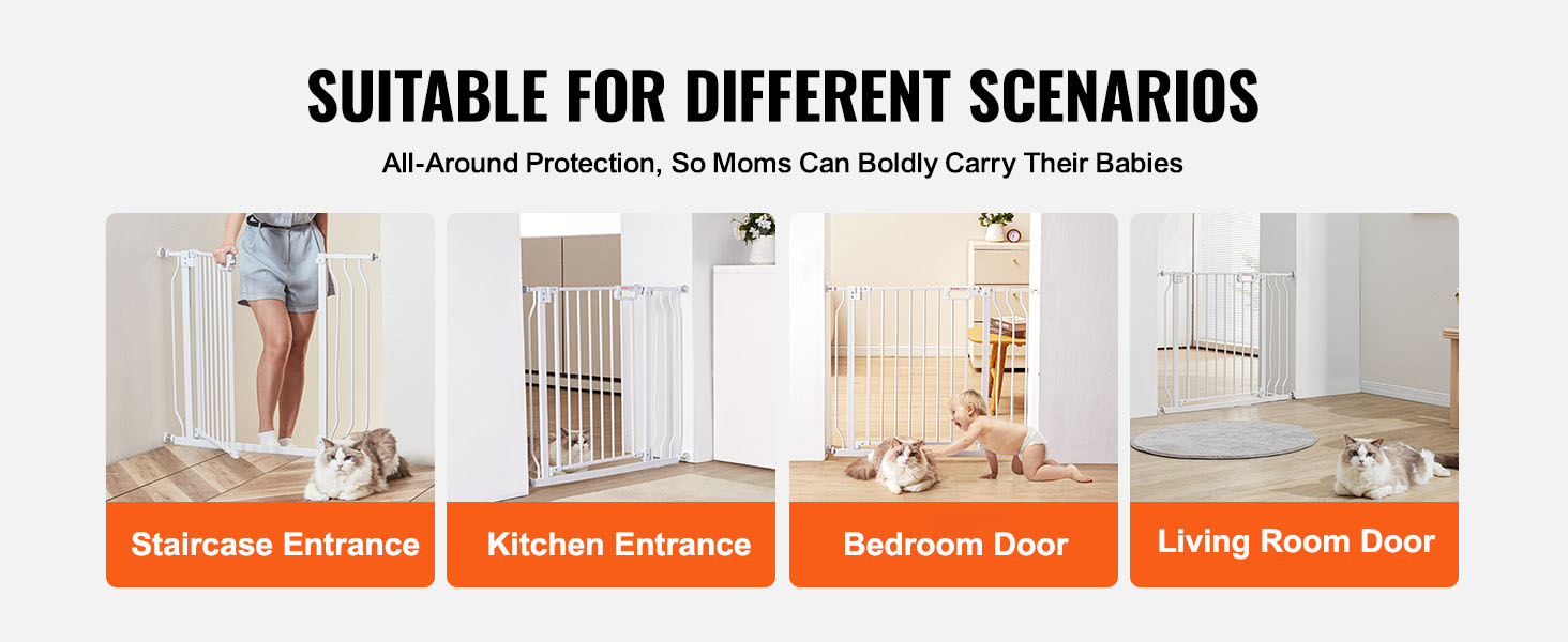 VEVOR baby gate used at staircase, kitchen, bedroom, and living room entrances with pets nearby.