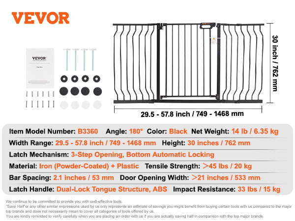 VEVOR baby gate, black, iron, 29.5-57.8 inches width, 30 inches height, dual-lock latch, 14 lb weight.