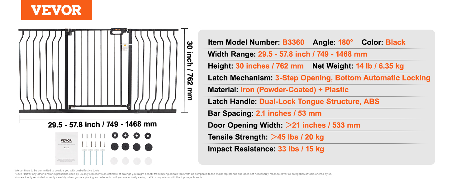 VEVOR baby gate, black, iron, 29.5-57.8 inches width, 30 inches height, dual-lock latch, 14 lb weight.