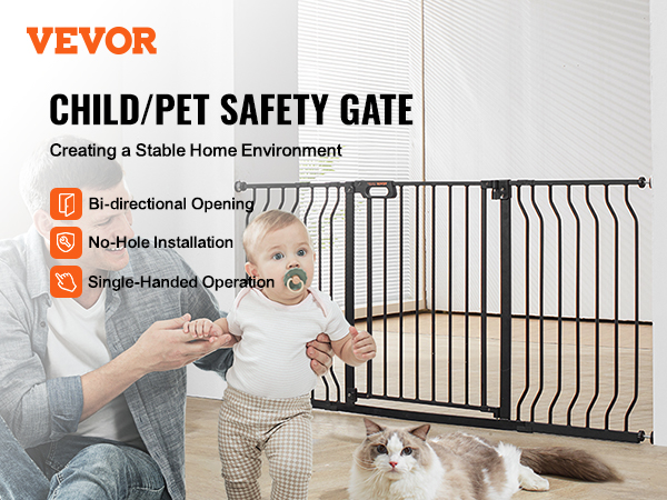 VEVOR baby gate, child/pet safety gate with bi-directional opening, no-hole installation, single-handed operation.