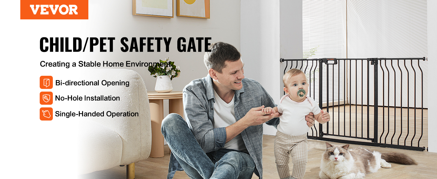 VEVOR baby gate, child/pet safety gate with bi-directional opening, no-hole installation, single-handed operation.