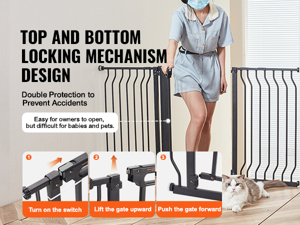 top and bottom locking design for VEVOR baby gate with cat and instructions for secure use.