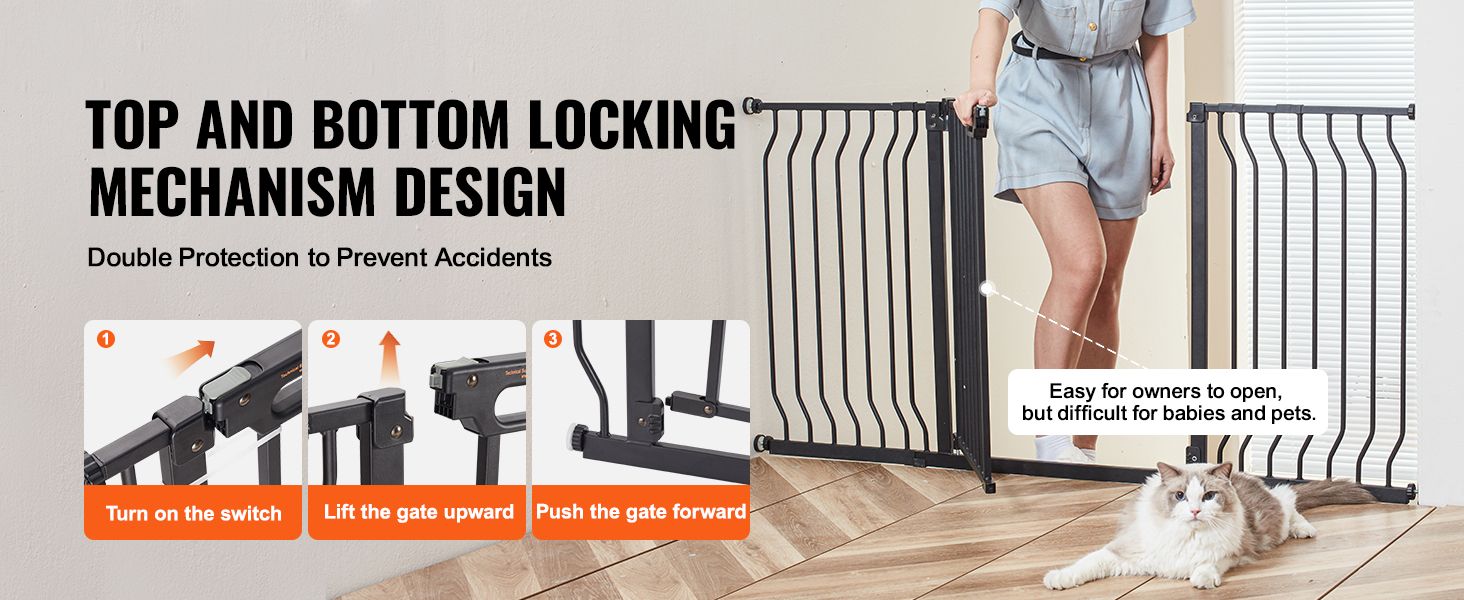 top and bottom locking design for VEVOR baby gate with cat and instructions for secure use.