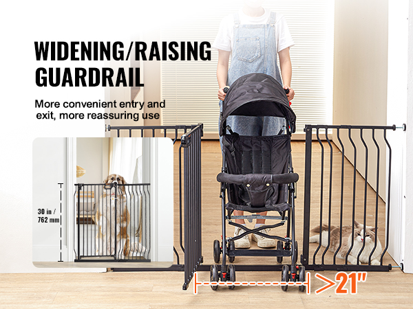 widening/raising guardrail with VEVOR baby gate for easy entry, stroller access, and pet safety.