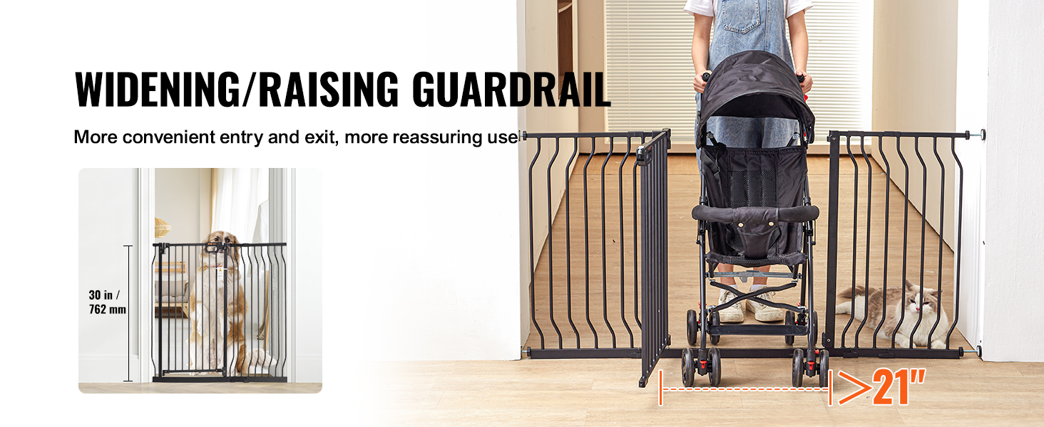 widening/raising guardrail with VEVOR baby gate for easy entry, stroller access, and pet safety.