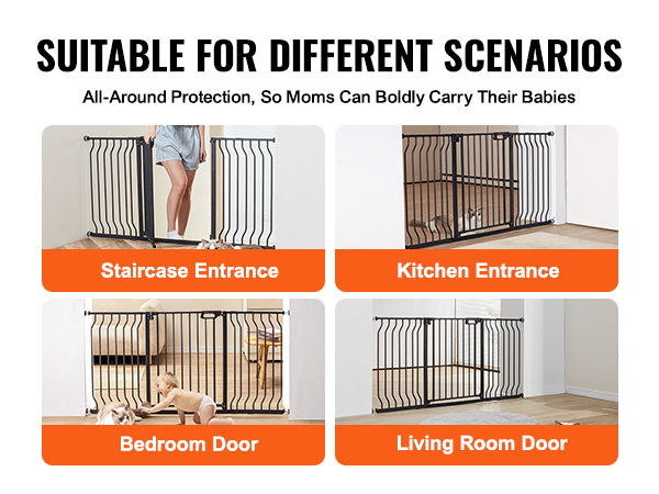 VEVOR baby gate showcased in various home settings: staircase, kitchen, bedroom, and living room.