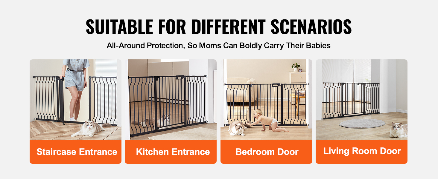 VEVOR baby gate showcased in various home settings: staircase, kitchen, bedroom, and living room.