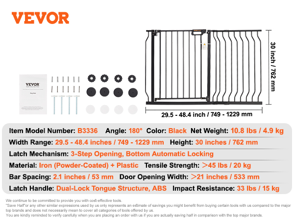 VEVOR baby gate model b3336, black, adjustable width 29.5-48.4 inches, height 30 inches.