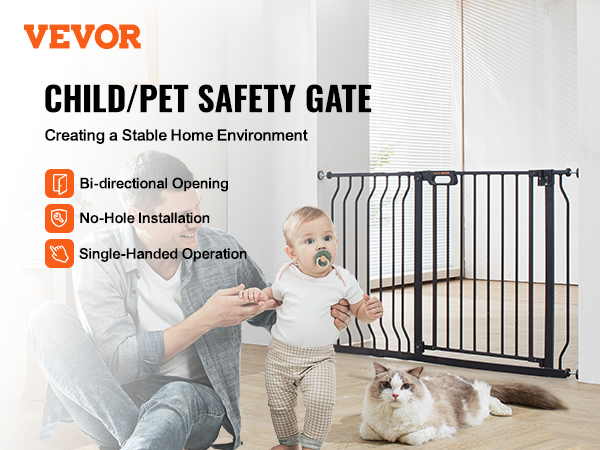 VEVOR baby gate with bi-directional opening, no-hole installation, single-handed operation.