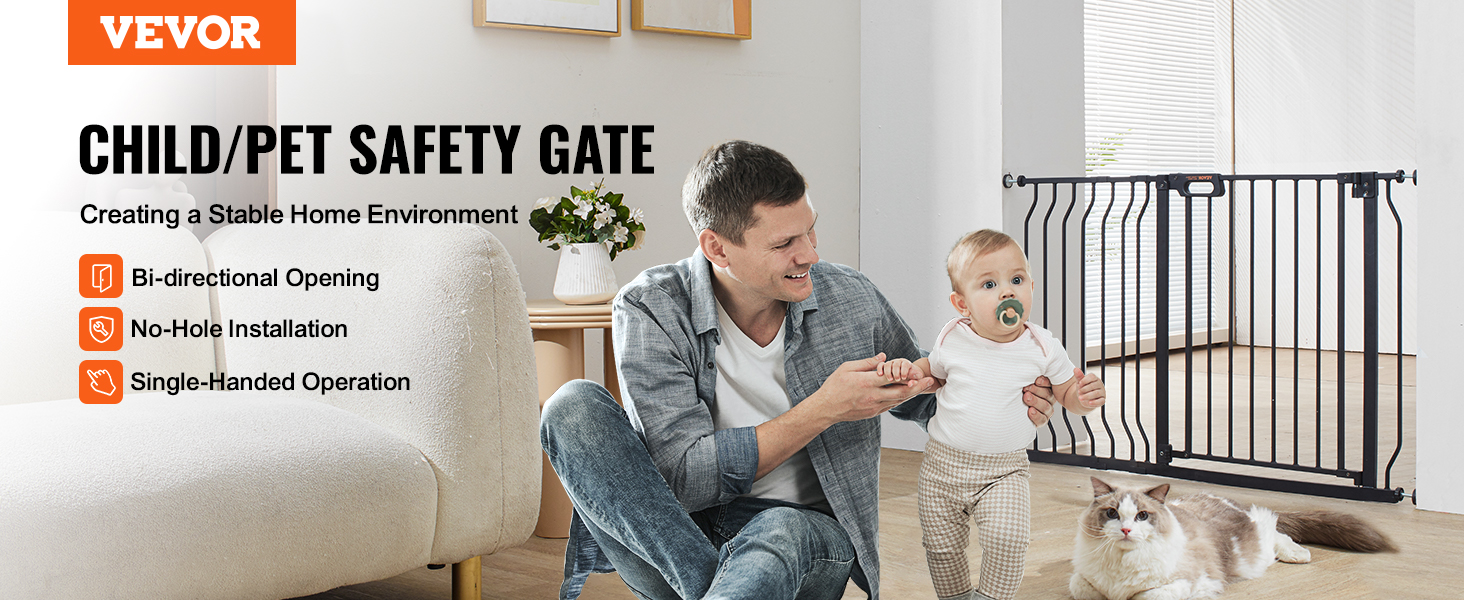 VEVOR baby gate with bi-directional opening, no-hole installation, single-handed operation.