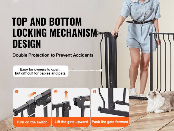 VEVOR baby gate with top and bottom locking mechanism, showcasing step-by-step opening instructions.