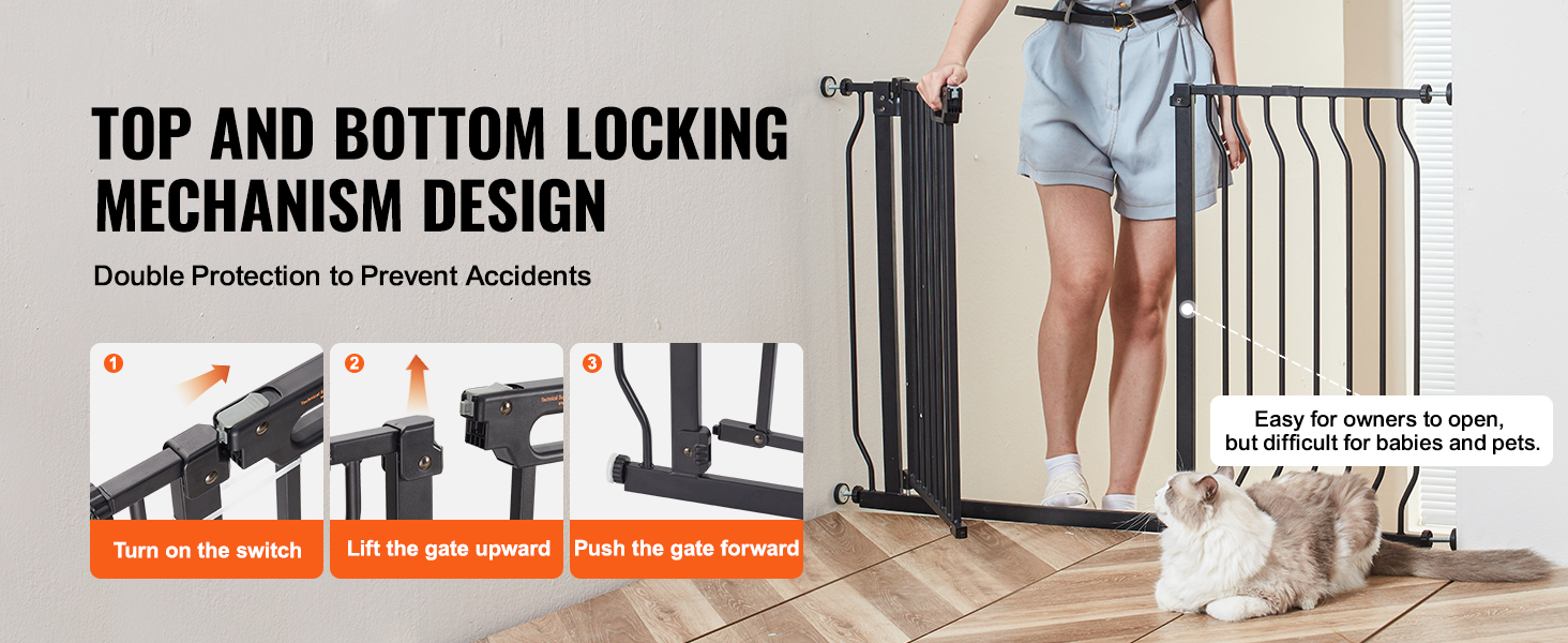 VEVOR baby gate with top and bottom locking mechanism, showcasing step-by-step opening instructions.