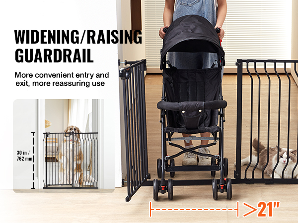 widening VEVOR baby gate with stroller access and pet, 30 in tall, 21 in wide opening.
