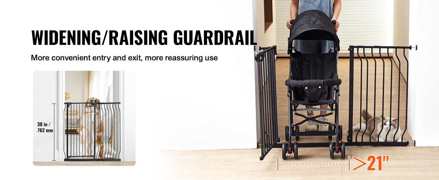 widening VEVOR baby gate with stroller access and pet, 30 in tall, 21 in wide opening.