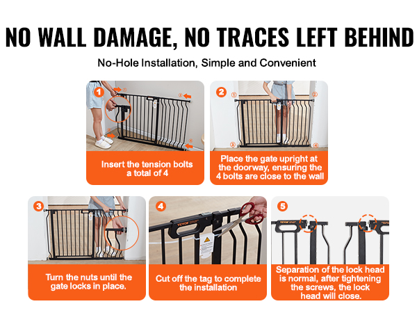 steps to install VEVOR baby gate: insert bolts, place upright, tighten nuts, cut tag, check lock.