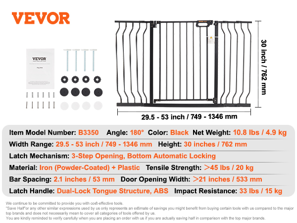VEVOR baby gate, black, width 29.5-53 in, height 30 in, iron and plastic, dual-lock, auto-locking.