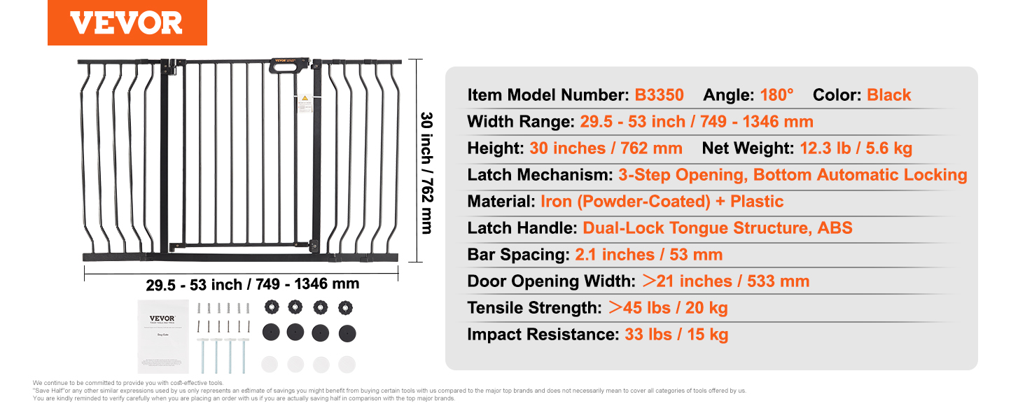 VEVOR baby gate, black, width 29.5-53 in, height 30 in, iron and plastic, dual-lock, auto-locking.