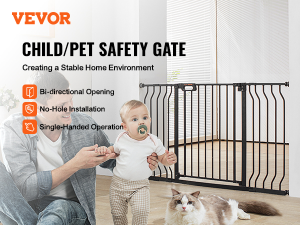 VEVOR baby gate for child and pet safety, featuring bi-directional opening and no-hole installation.