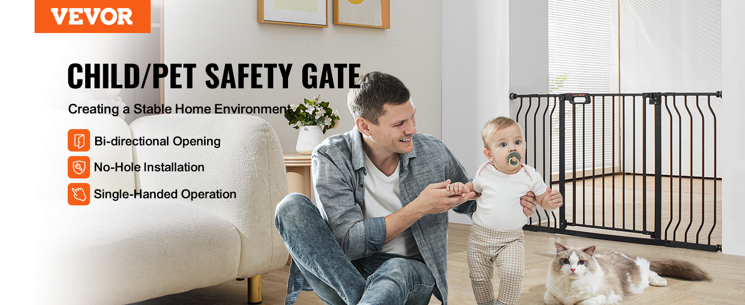 VEVOR baby gate for child and pet safety, featuring bi-directional opening and no-hole installation.