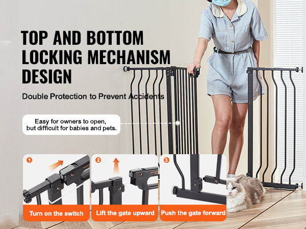 top and bottom locking mechanism design for the VEVOR baby gate, easy for adults but difficult for pets and babies.