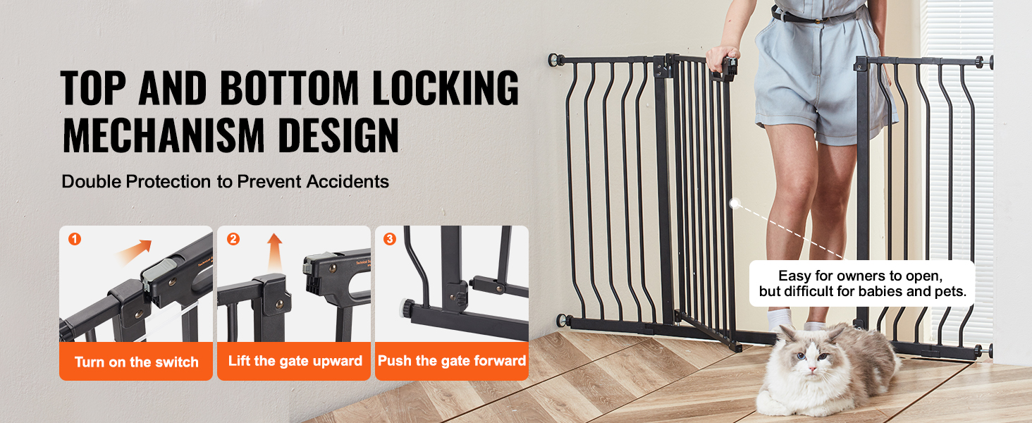 top and bottom locking mechanism design for the VEVOR baby gate, easy for adults but difficult for pets and babies.