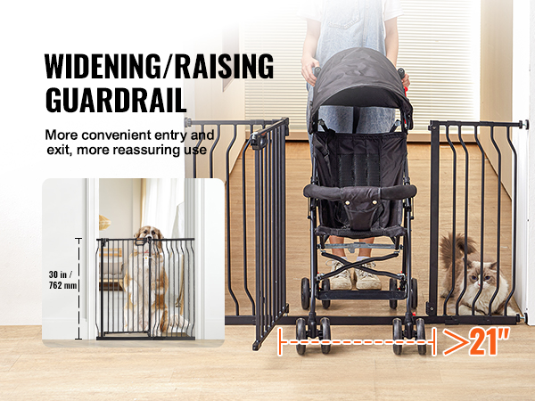VEVOR baby gate in hallway with dog on one side and stroller passing through gate opening. gate height: 30".