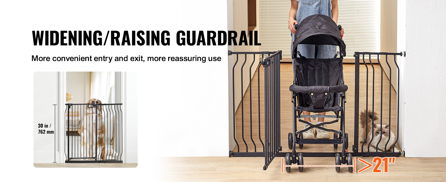 VEVOR baby gate in hallway with dog on one side and stroller passing through gate opening. gate height: 30".