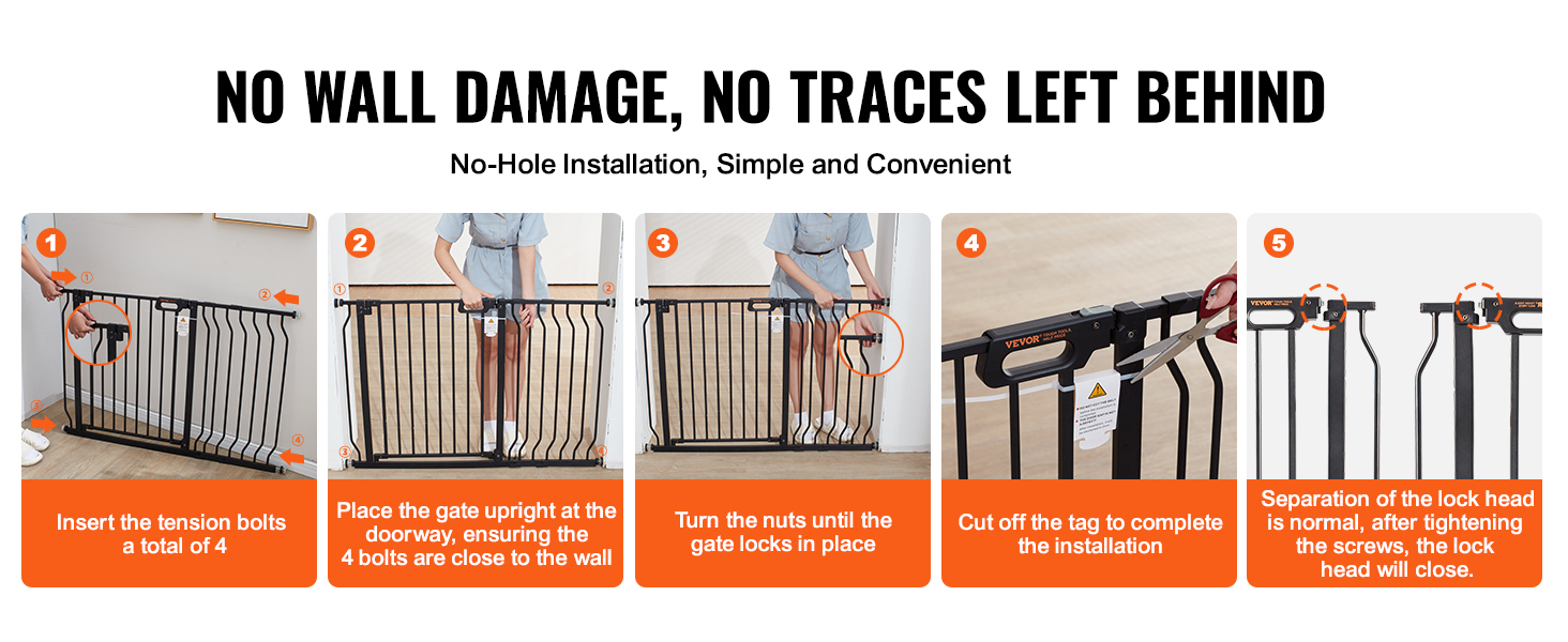installing VEVOR baby gate: insert 4 bolts, place upright, tighten nuts, cut tag, and lock head will close.