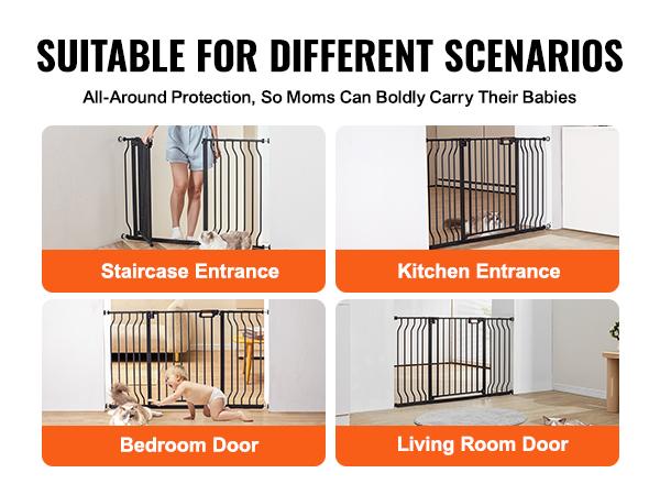 VEVOR baby gate for staircases, kitchens, bedrooms, and living rooms; versatile child safety solution.