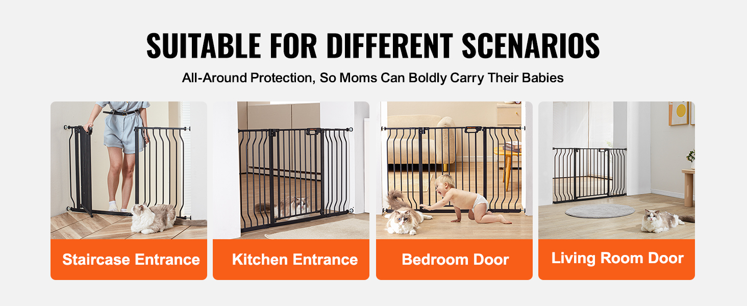 VEVOR baby gate for staircases, kitchens, bedrooms, and living rooms; versatile child safety solution.