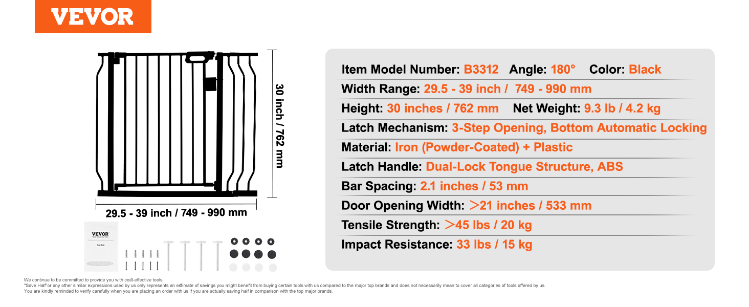 VEVOR baby gate, iron, 29.5-39 inches width, 30 inches height, dual-lock, black color, b3312 model.