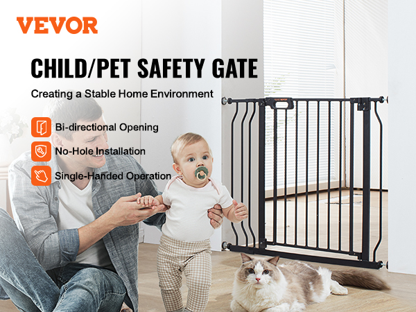 VEVOR baby gate ensuring child and pet safety with no-hole installation and bi-directional opening.