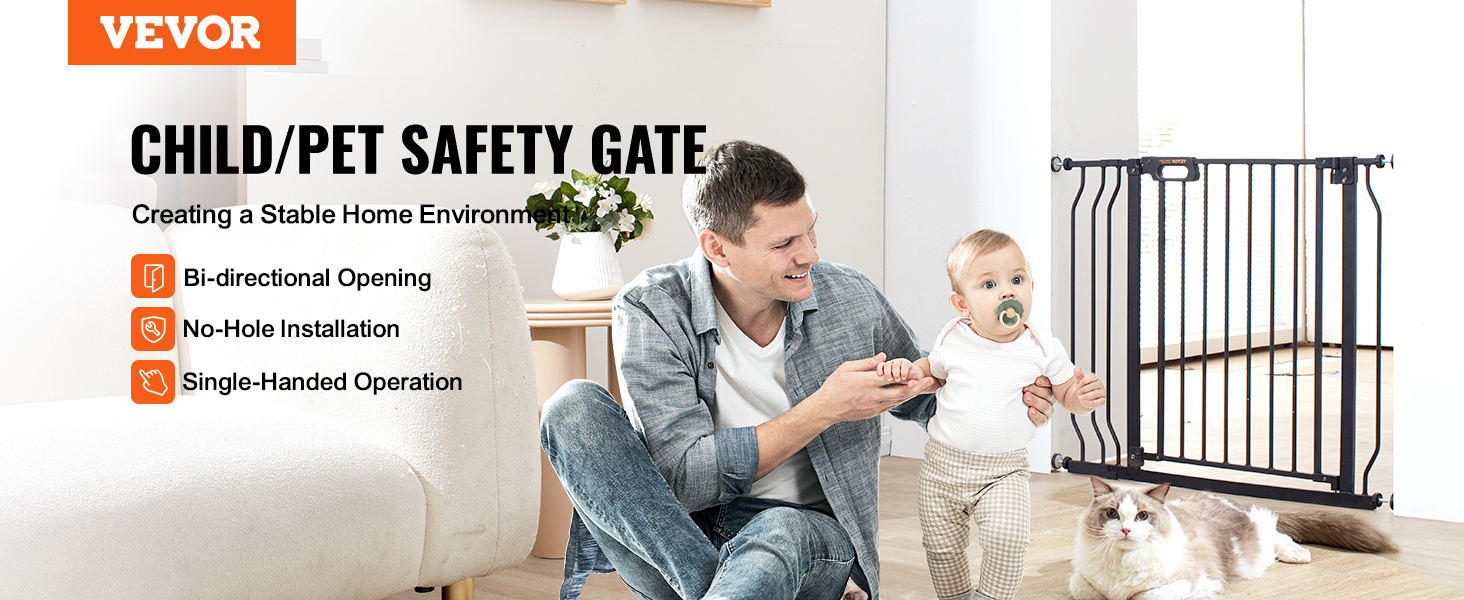 VEVOR baby gate ensuring child and pet safety with no-hole installation and bi-directional opening.