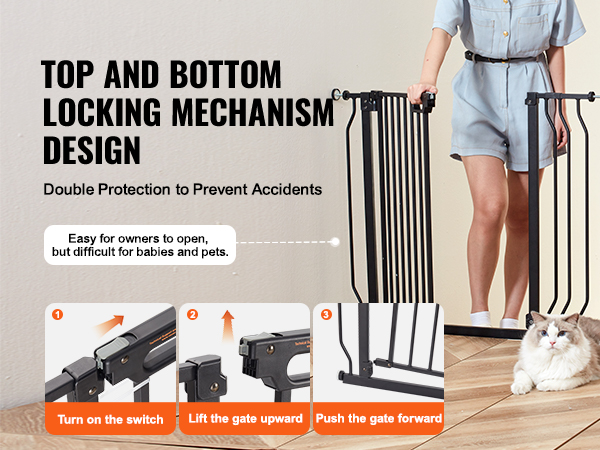 VEVOR baby gate with top and bottom locking mechanism design, easy for adults, difficult for pets.