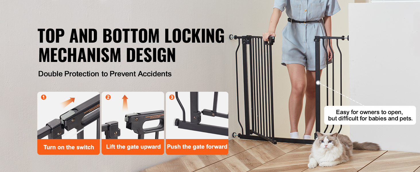 VEVOR baby gate with top and bottom locking mechanism design, easy for adults, difficult for pets.