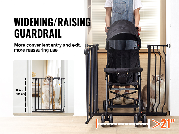 VEVOR baby gate: tall guardrail with stroller passing through, dog and cat on either side.