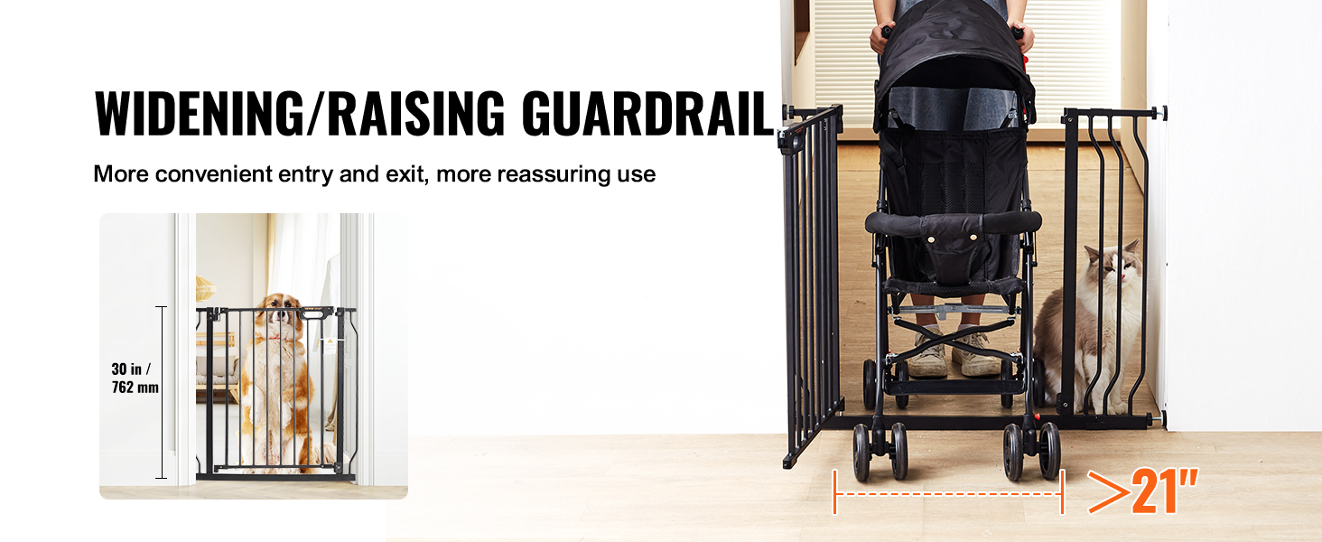 VEVOR baby gate: tall guardrail with stroller passing through, dog and cat on either side.