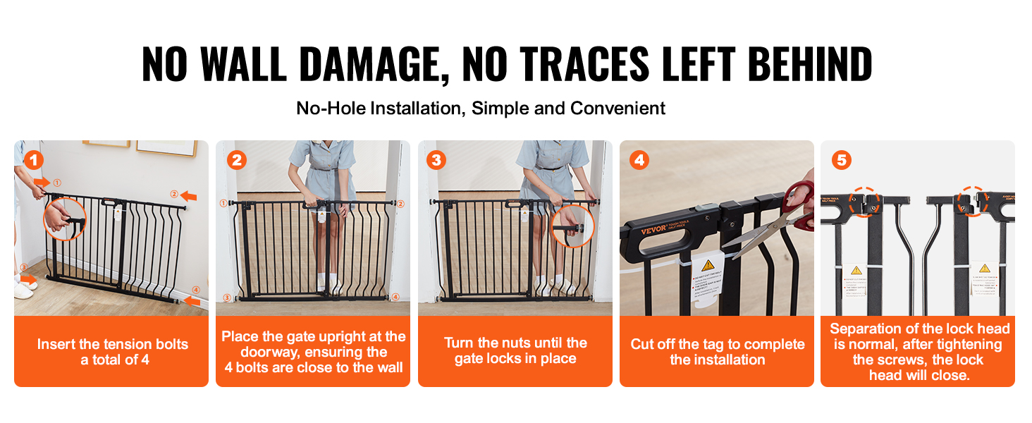 easy installation steps for VEVOR baby gate with no wall damage, 4 tension bolts, and lock head adjustment.