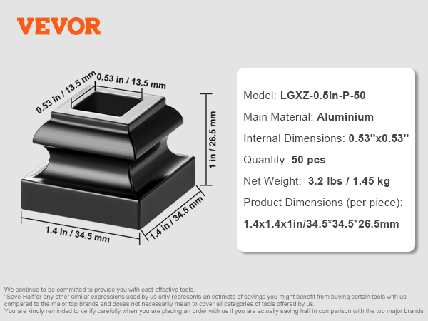 black VEVOR aluminum alloy baluster shoe, model lgxz-0.5in-p-50, dimensions: 1.4x1.4x1in, 50 pcs.