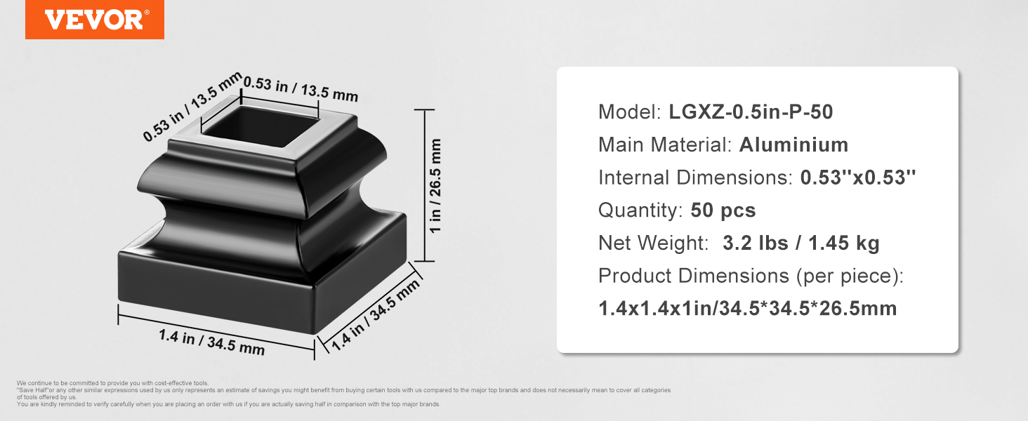 black VEVOR aluminum alloy baluster shoe, model lgxz-0.5in-p-50, dimensions: 1.4x1.4x1in, 50 pcs.