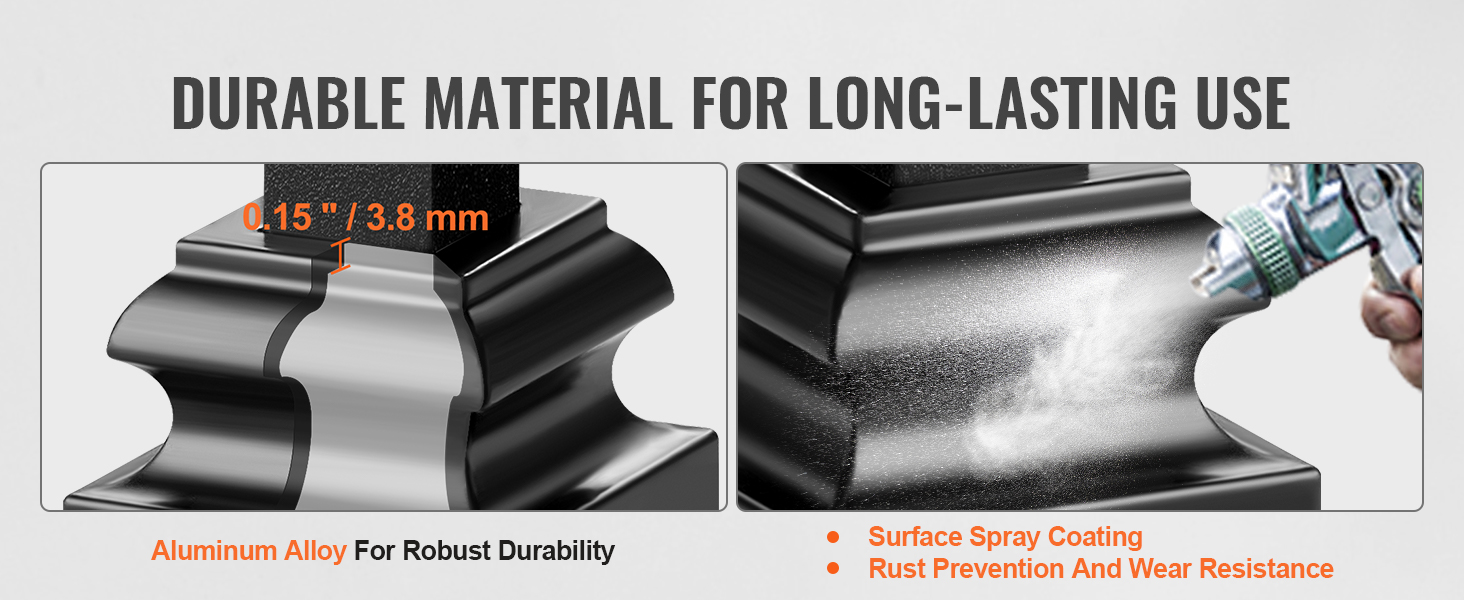 VEVOR aluminum alloy baluster shoes with 0.15" thickness and surface spray coating for durability.